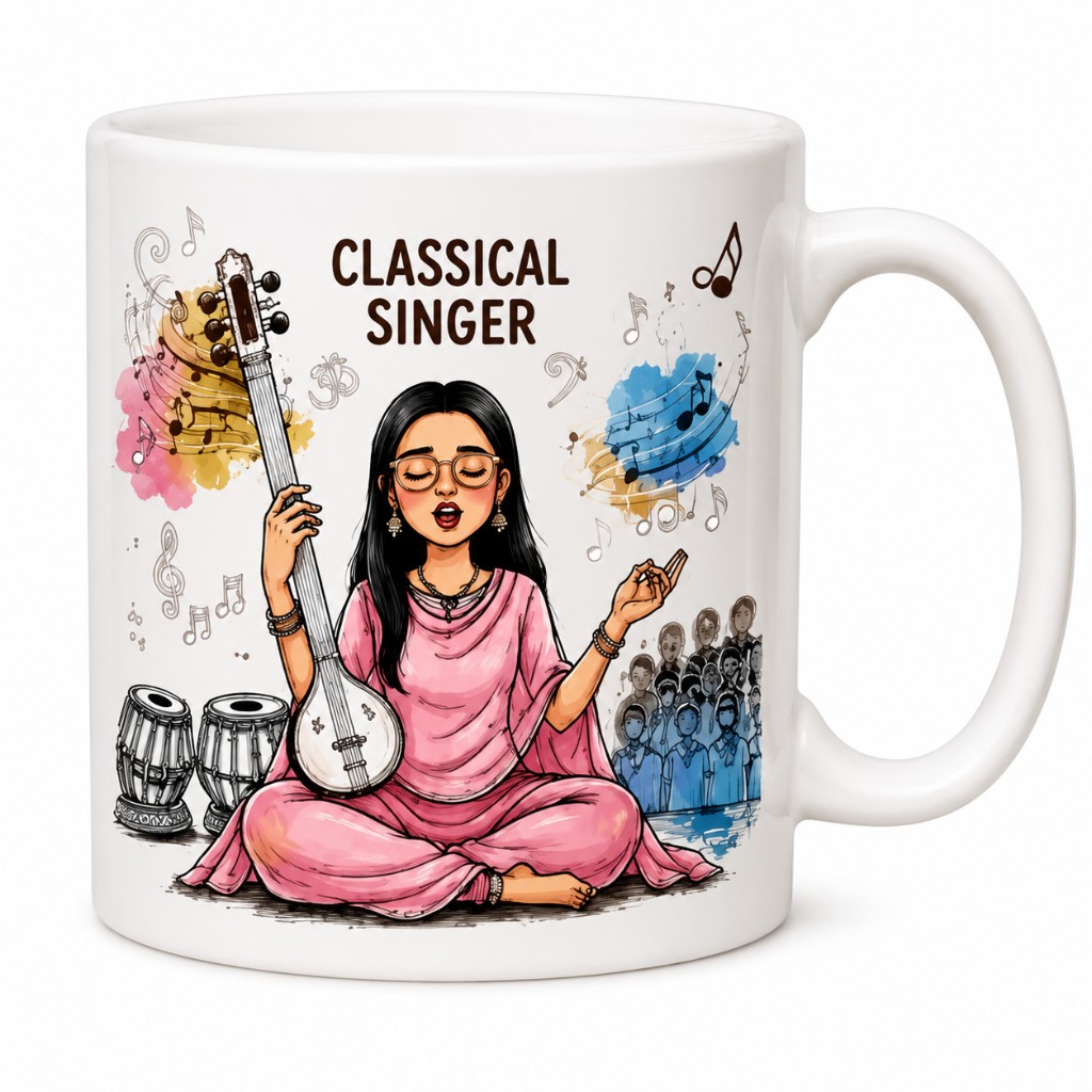 Personalized mug mockup with classical singer illustration